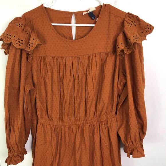 Universal Thread Dress Womens XXL Tiered Ruffle Eyelet Poet Sleeve Rust Cottage - Picture 2 of 11